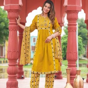 Yellow Kurti Pant Set with Embroidery