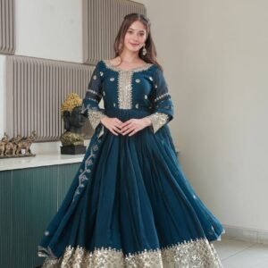 Teal Embroidered Noha Silk Gown with Dupatta