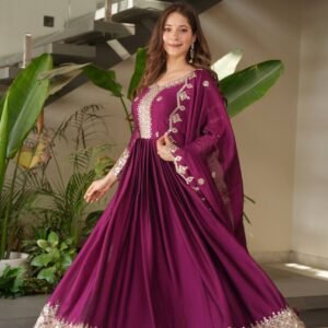 Magenta Embroidered Noha Silk Gown with Dupatta