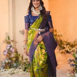 Navy Blue & Mustard Banarasi Silk Saree with Zari Floral Embellishments