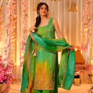 Slate Green Bandhej Suit Set with Embroidery & Thread Work Dupatta