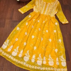 Yellowish Lucknawi Chikankari Embroidered Gown