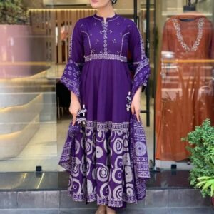 Premium Muslin Cotton Embroidered Khadi Printed Gown Set