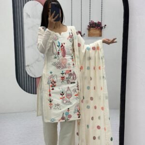 Designer Khadi Cotton Embroidered Kurti Pant Set with Dupatta